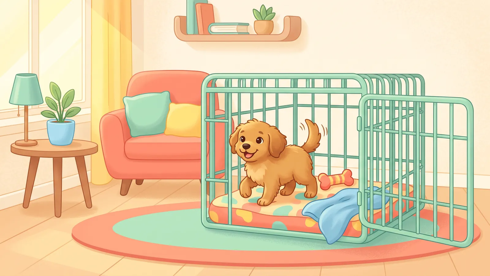Puppy walking into an open wire crate to find a treat, owner sitting on the floor beside it