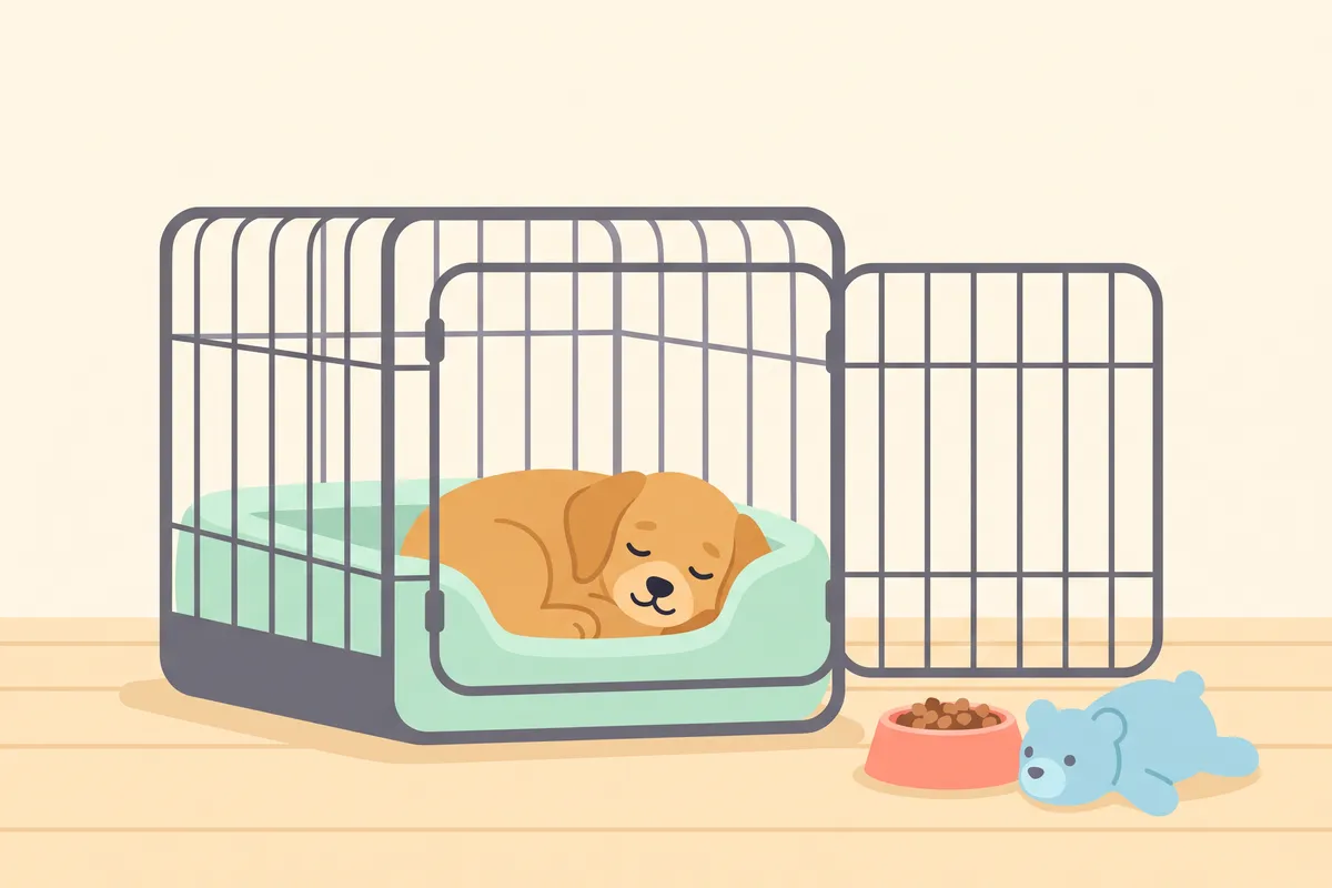 Illustration: four small panels showing a puppy finding treats in an open crate, eating a meal inside, resting with the door closed, and napping while the owner reads nearby
