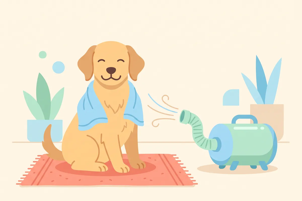 Illustration: owner holding a dog dryer hose about a foot from a damp dog's back legs, with a hand on the dog and cotton visible in its ears