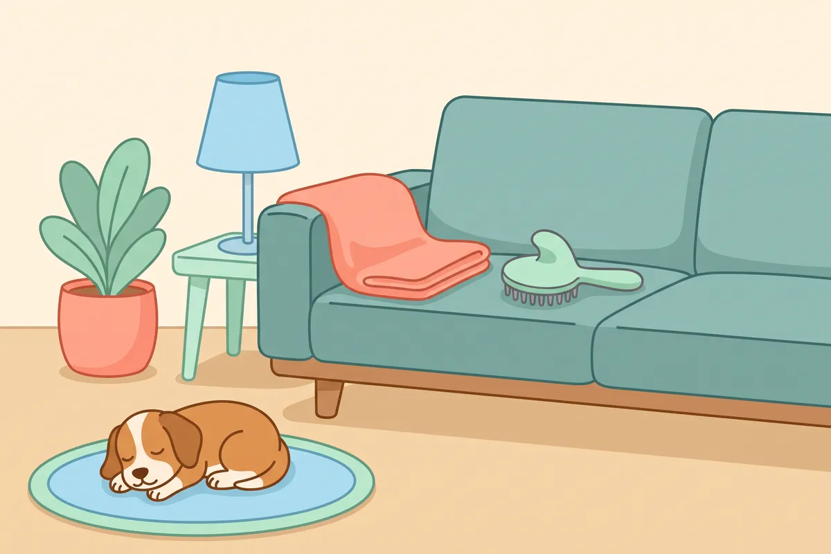Illustration: a couch with its cushions pulled off, a handheld vacuum in the seam and a rubber glove rolling dog hair into clumps