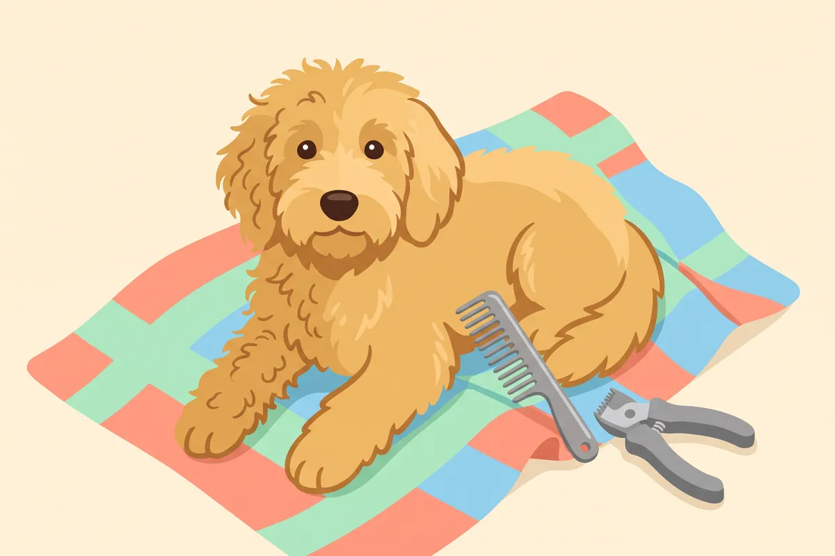 Illustration: a goldendoodle clipping guide showing snap-on comb lengths on the body and a shorter blade for the face, ears and paws