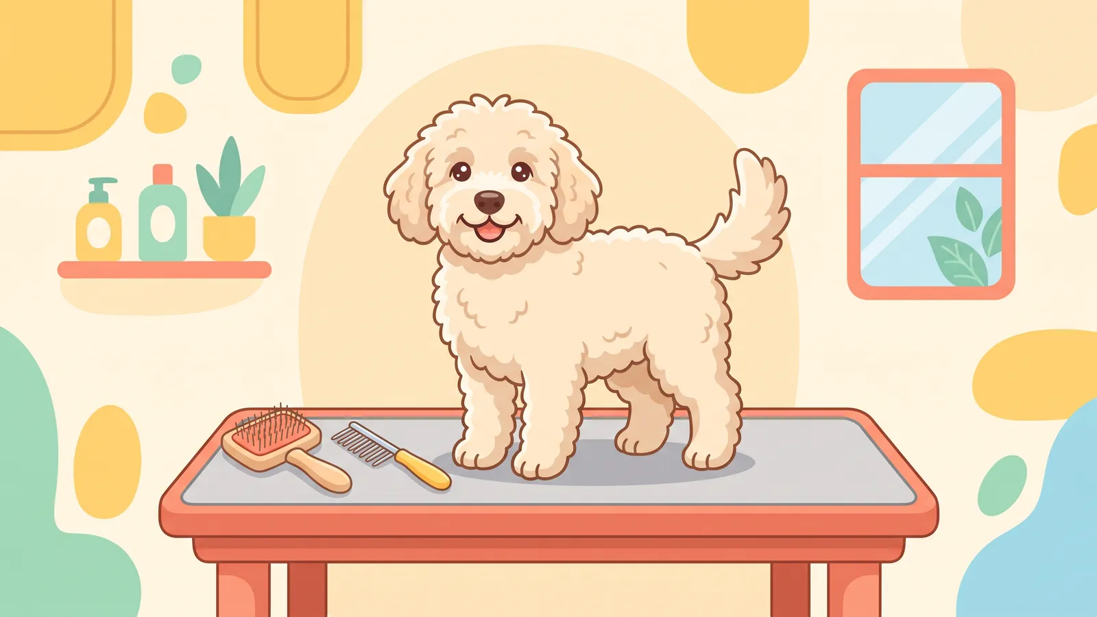 Illustration: a fluffy goldendoodle standing on a grooming table while its owner clips the back with a guide comb on the clipper