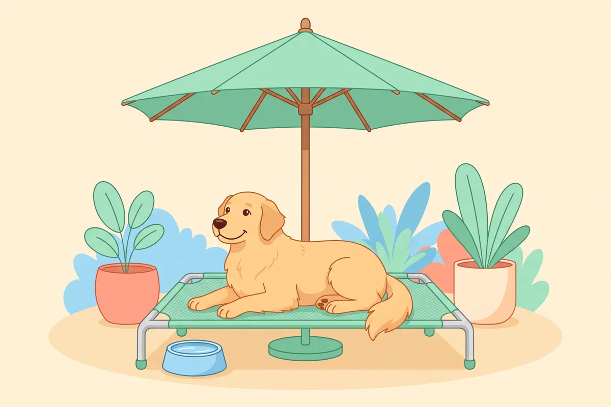 Illustration: a dog resting in the shade on a mesh cot with a water bowl, compared with a dog on hot sunny pavement