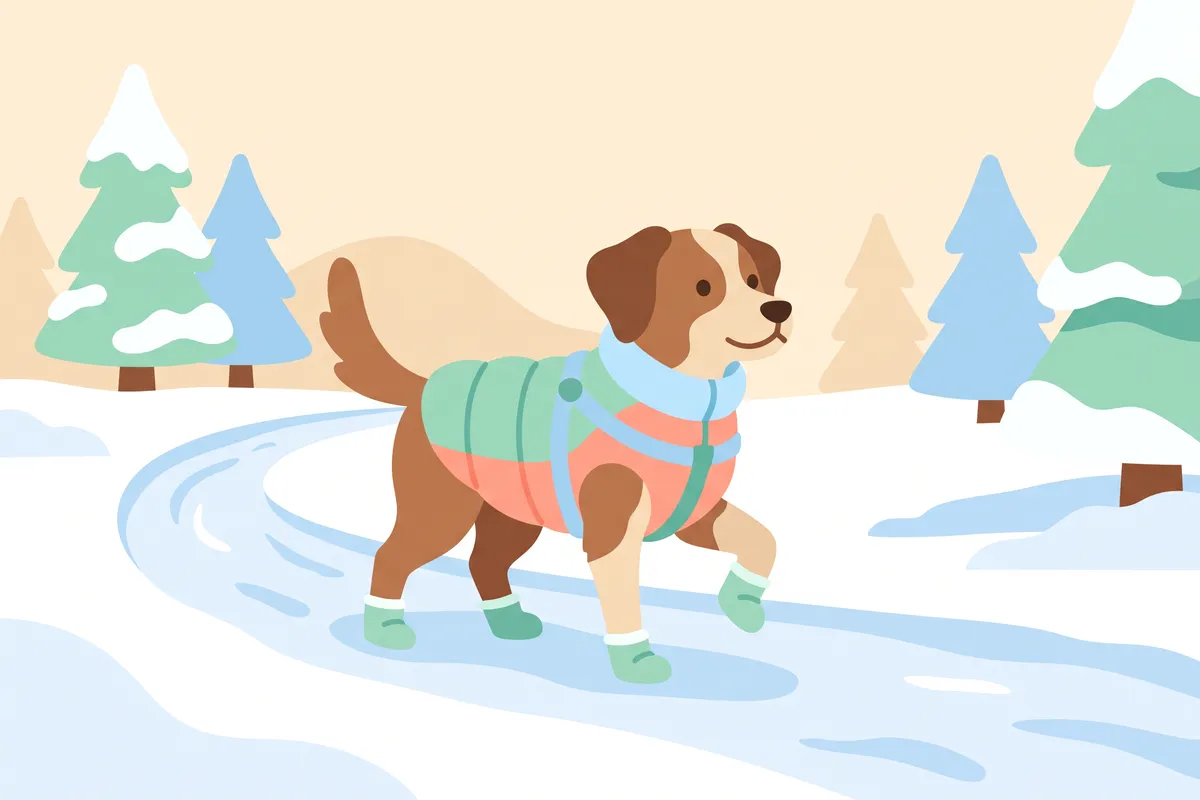 Illustration: a dog curled on a bolstered bed raised off a tiled floor, away from a drafty door, with a fleece blanket