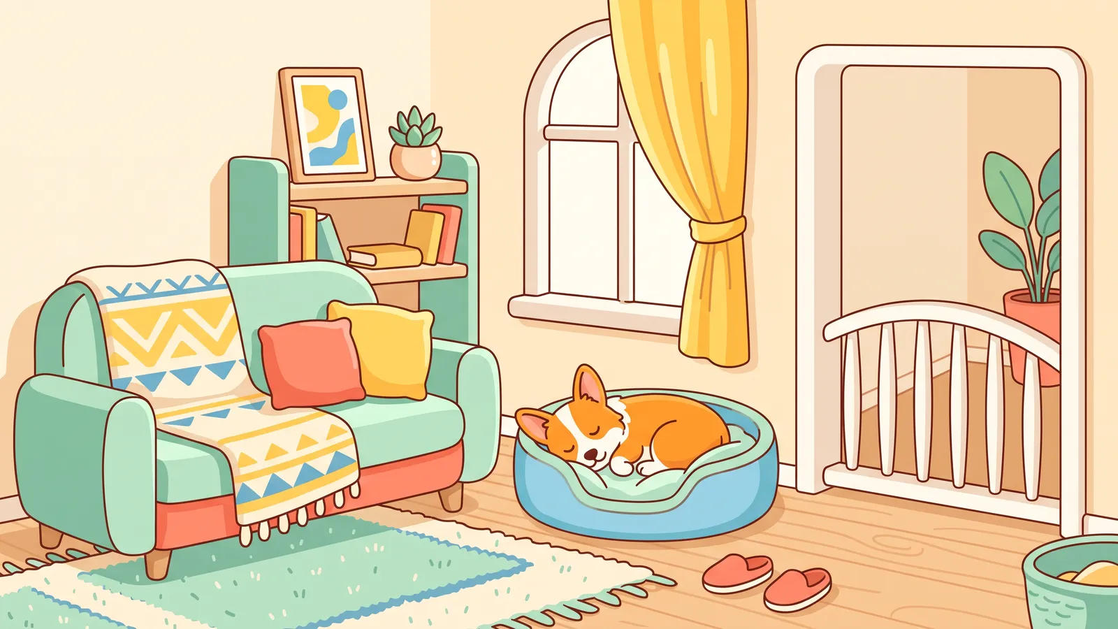 Illustration: a corgi asleep in its own bed beside the living room couch, with a pet gate across the doorway
