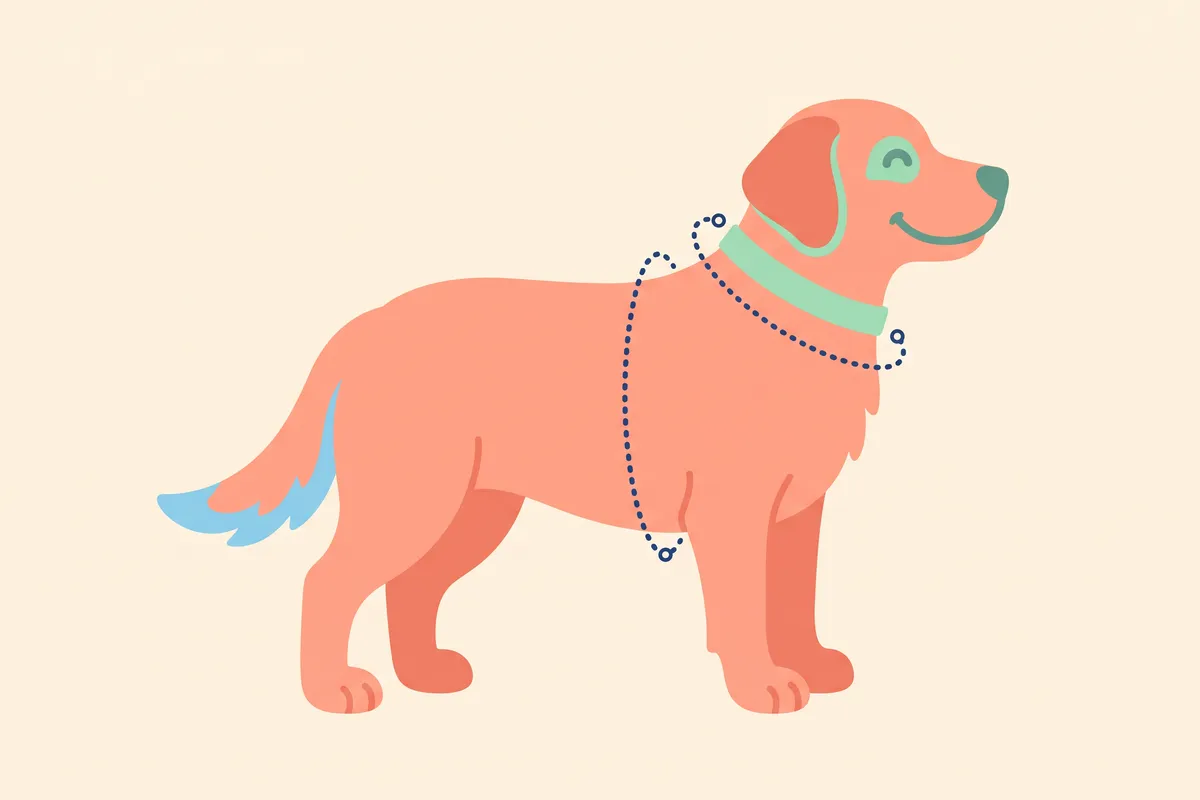 Illustration: a dog standing square with a tape measure around the widest part of the ribcage and a second line around the lower neck