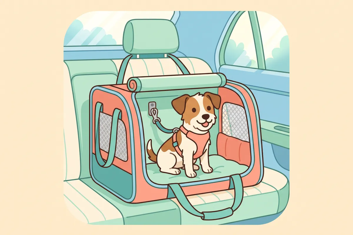Illustration: a medium dog buckled into the back seat in a crash-tested harness, with the car's own seat belt running through it and no extension tether