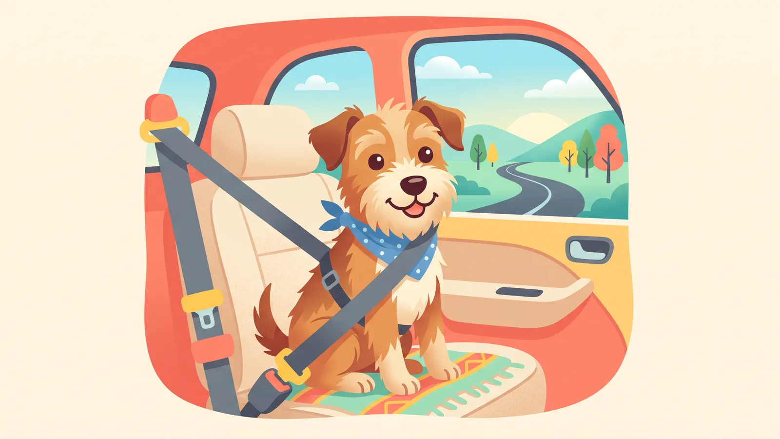Dog sitting calmly on the back seat of a car wearing a car harness, with a seat cover underneath