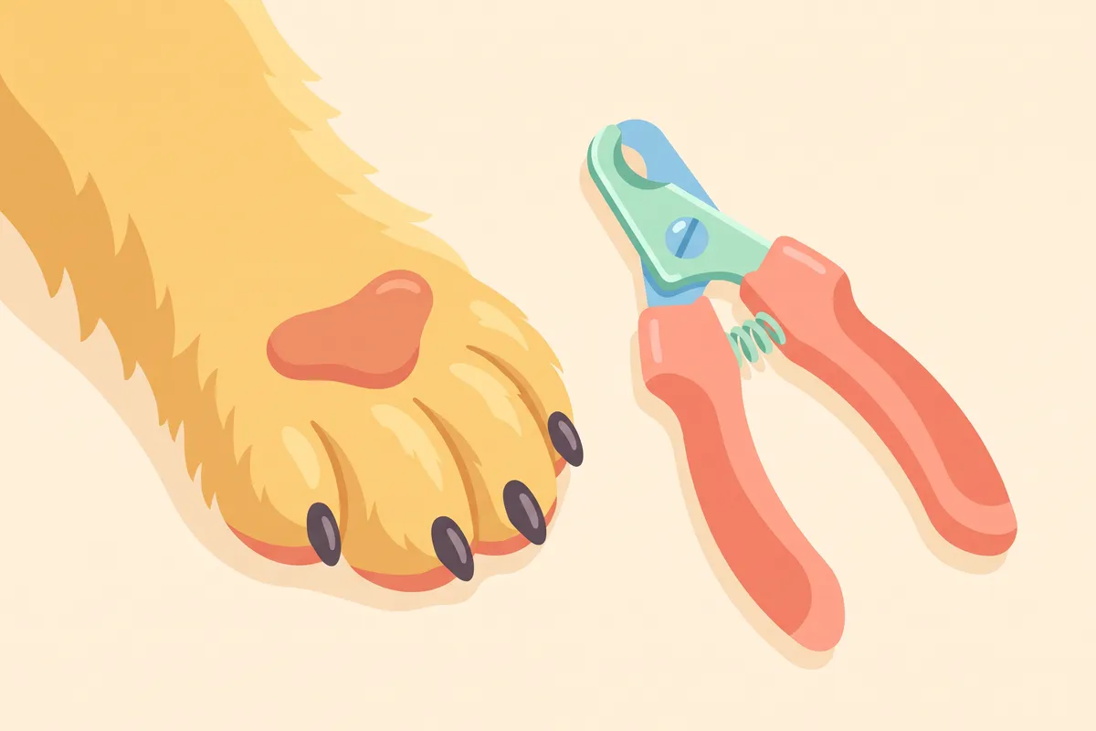 Illustration: cross-section of a dog's nail showing the outer shell, the pink quick inside and a safe trim line in front of the curve