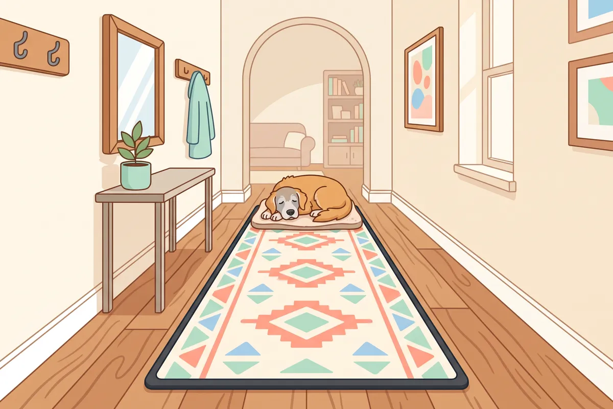 Illustration: floor plan of a home with a path of rugs and runners connecting a dog bed, water bowl, back door and a ramp to the bed