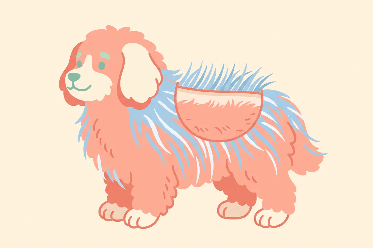Illustration: cross-section of a double coat showing long guard hairs over a dense undercoat, with an undercoat rake lifting out loose fluff