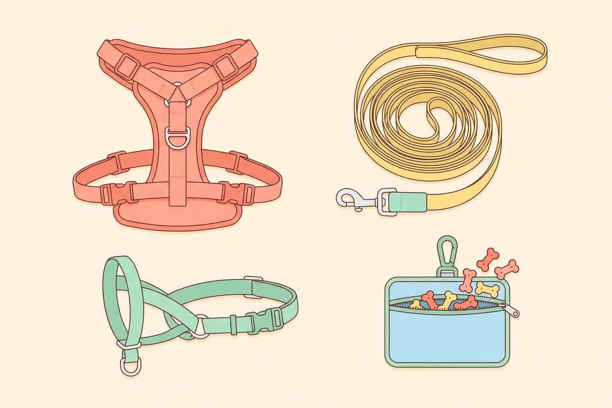 Front-clip harness, 6-foot leash and a hip-mounted reward pouch laid out by a front door