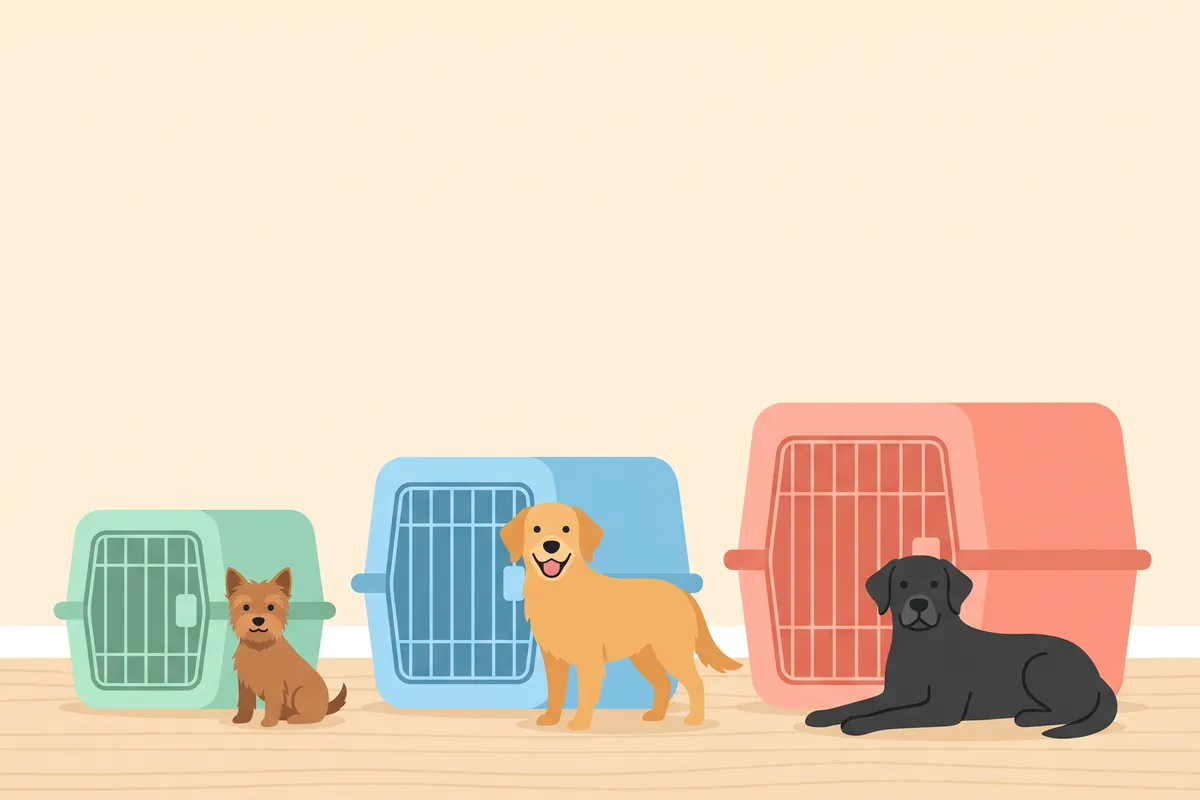 Illustration: dog standing beside a crate with two measuring lines, nose to base of tail and floor to top of head