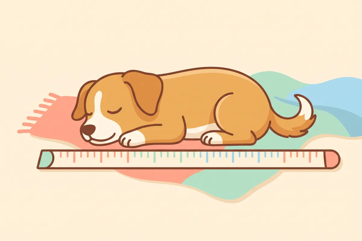 Illustration: three dogs measured three ways: a sprawler nose to tail base, a curler across the curl next to a donut bed's inner ring, and a leaner with its head on a bolster